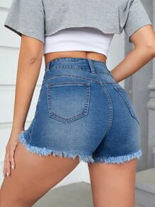 Shorts mezclilla desgarro bajo crudo de talle alto - Azul lavado medio - Ver 2