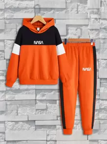SHEIN Boys Letter Graphic Colour Block Hoodie & Joggers - Orange - View 1