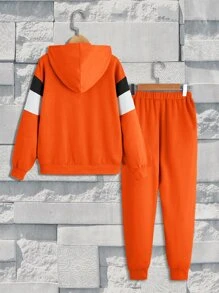SHEIN Boys Letter Graphic Colour Block Hoodie & Joggers - Orange - View 2