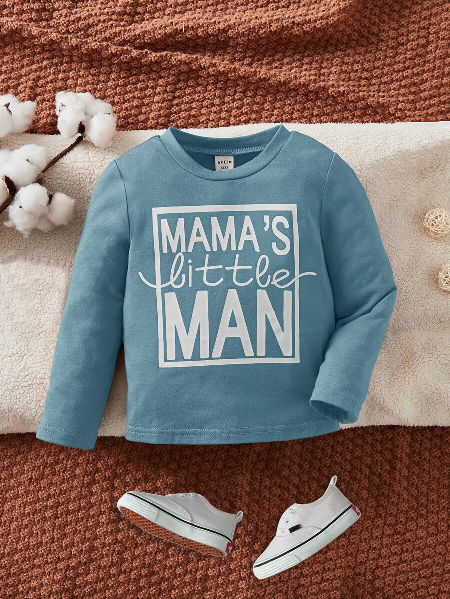 SHEIN 男嬰字母圖案T恤 - 霧霾藍 - 查看 1