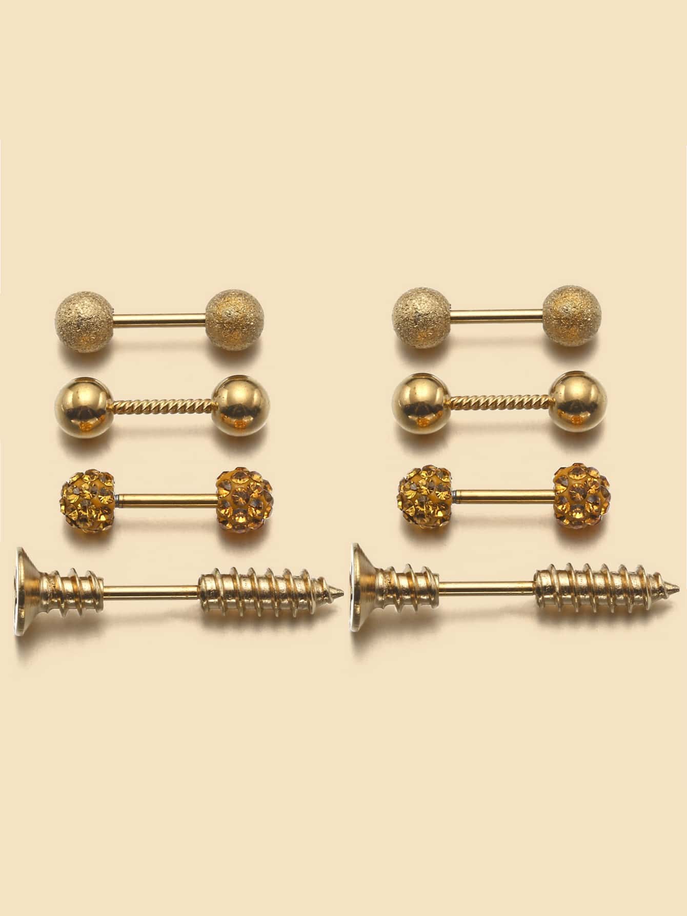 3pairs Rhinestone Stud Earrings & 1pair Earring Jackets - Yellow Gold - View 1