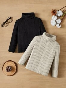 SHEIN Young Boy 2pcs High Neck Casual And Comfortable Long Sleeve T-Shirt - Multicolor - View 1