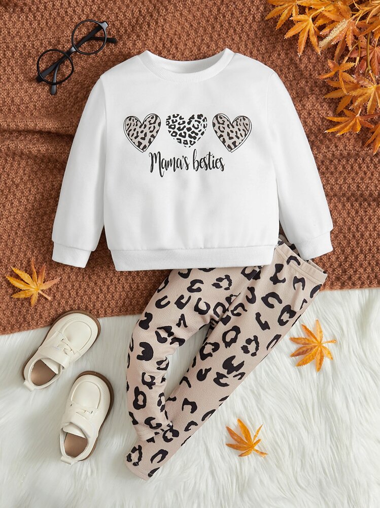 SHEIN 嬰兒女孩字母圖形運動衫和豹紋褲襪 - 彩色 - 查看 1