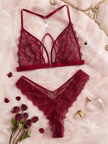 Plus Floral Lace Harness Lingerie Set - Burgundy - View 1