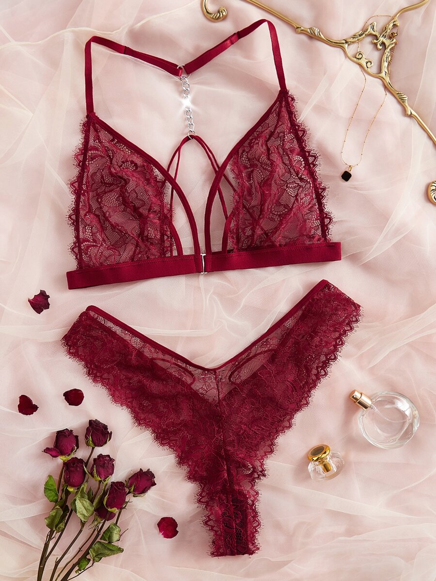 Plus Floral Lace Harness Lingerie Set - Burgundy - View 1