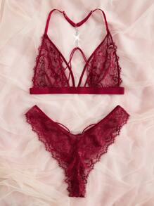 Plus Floral Lace Harness Lingerie Set - Burgundy - View 2