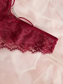 Plus Floral Lace Harness Lingerie Set - Burgundy - View 3