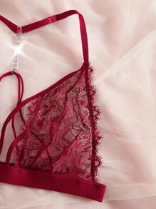 Plus Floral Lace Harness Lingerie Set - Burgundy - View 5
