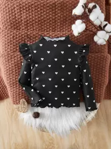 SHEIN Baby Heart Print Ruffle Lettuce Trim Mock Neck Tee - Black and White - View 1
