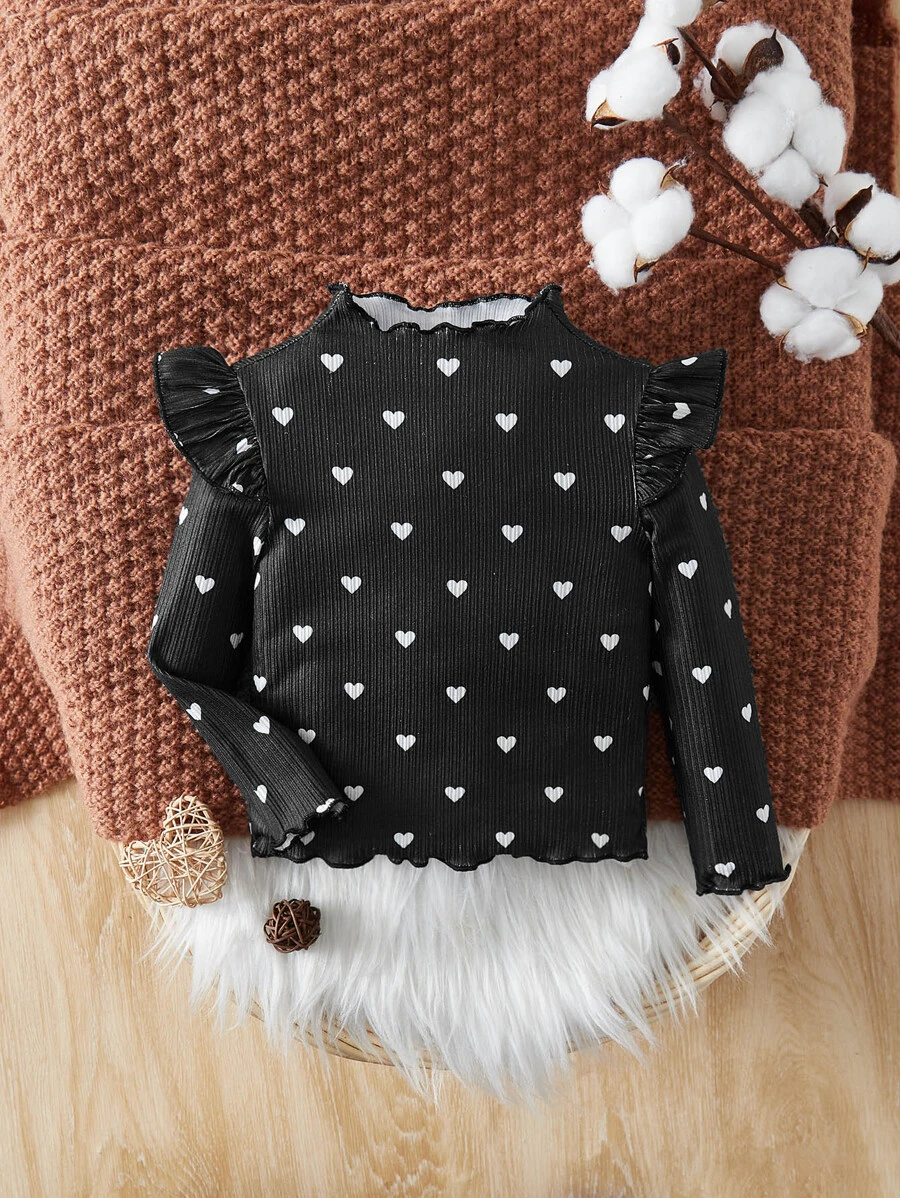 SHEIN Baby Heart Print Ruffle Lettuce Trim Mock Neck Tee - Black and White - View 1