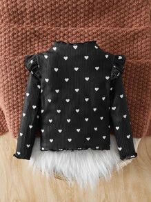 SHEIN Baby Heart Print Ruffle Lettuce Trim Mock Neck Tee - Black and White - View 2
