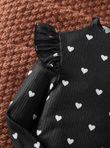 SHEIN Baby Heart Print Ruffle Lettuce Trim Mock Neck Tee - Black and White - View 3