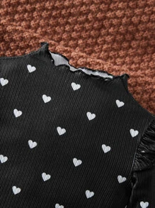SHEIN Baby Heart Print Ruffle Lettuce Trim Mock Neck Tee - Black and White - View 4