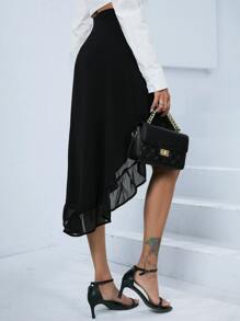 SHEIN BIZwear 前短後長荷葉邊半身裙工作服 - 黑色 - 查看 2