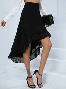 SHEIN BIZwear 前短後長荷葉邊半身裙工作服 - 黑色 - 查看 3