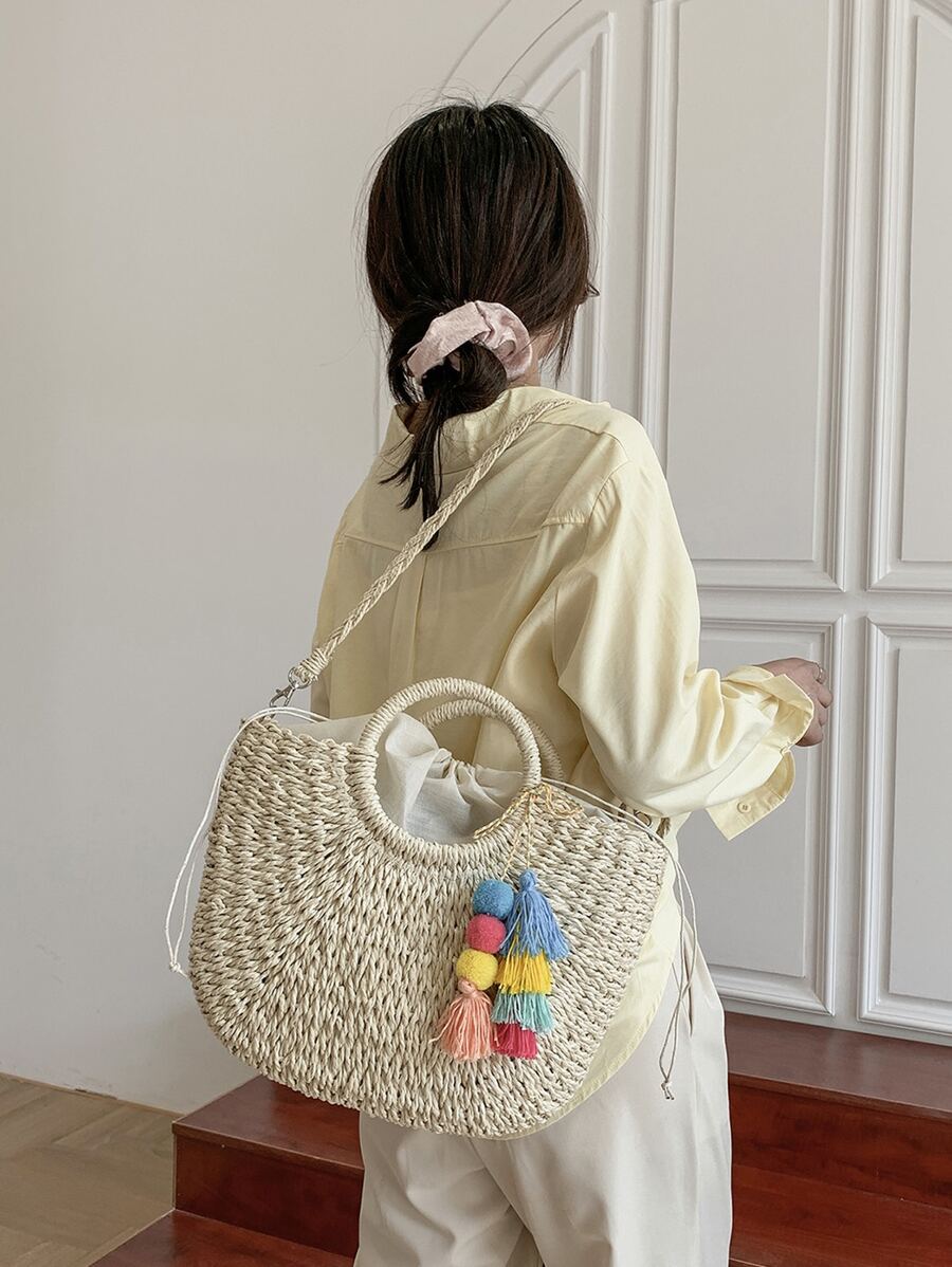 Tassel & Pompom Decor Straw Bag - Beige - View 1