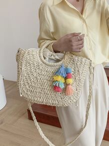 Tassel & Pompom Decor Straw Bag - Beige - View 2