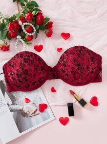Plus Floral Lace Underwire Bra With 1pair Transparent Strap - Burgundy - View 1