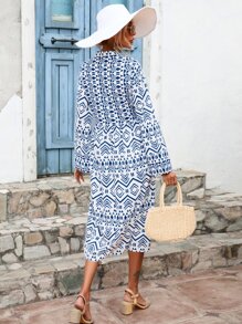 SHEIN LUNE Robe à imprimé géométrique à bouton (sans ceinture) - Bleu et Blanc - Voir 3