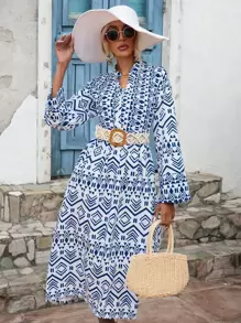 SHEIN LUNE Robe à imprimé géométrique à bouton (sans ceinture) - Bleu et Blanc - Voir 1