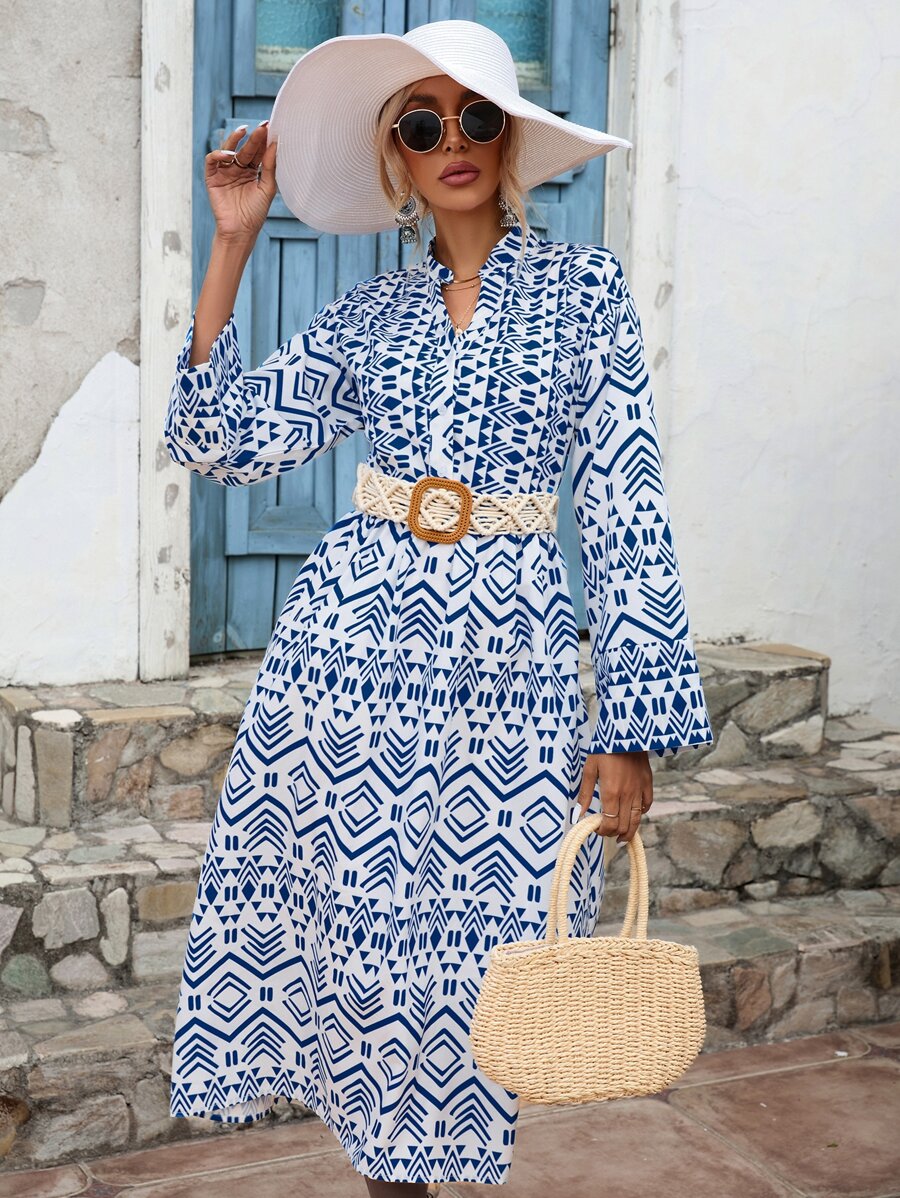 SHEIN LUNE Robe à imprimé géométrique à bouton (sans ceinture) - Bleu et Blanc - Voir 1