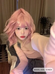 alicegarden Kort Body Wave syntetisk peruk med lugg - Rosa - Visa 2