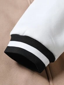 Manfinity Campus Court 1件男式鬆身學院風夾克,標語圖案和拼色設計 - 卡其色 - 查看 5