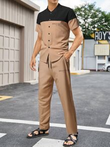 Manfinity Men Letter Graphic Two Tone Shirt & Trousers - Multicolor - View 3