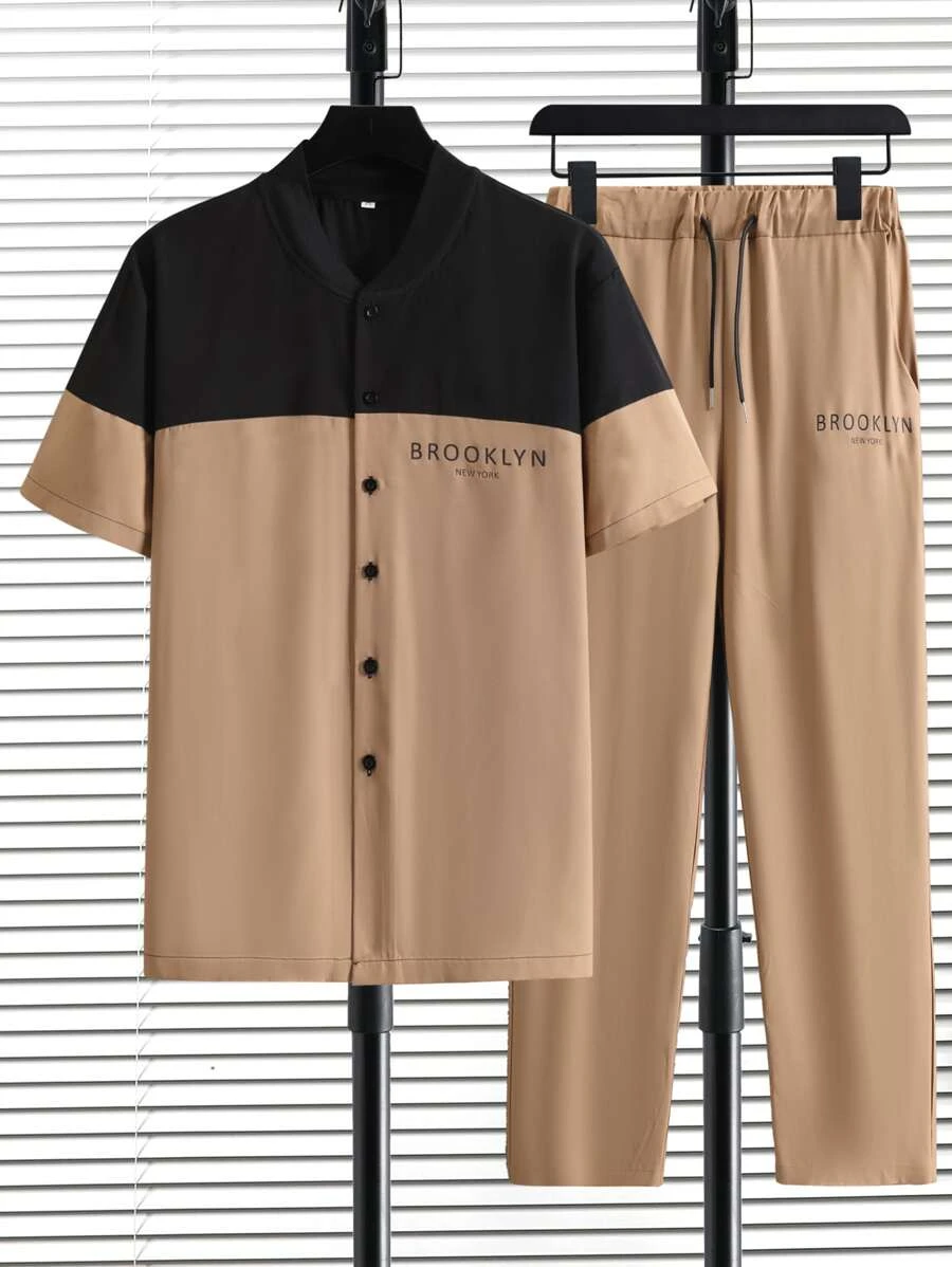 Manfinity Men Letter Graphic Two Tone Shirt & Trousers - Multicolor - View 1