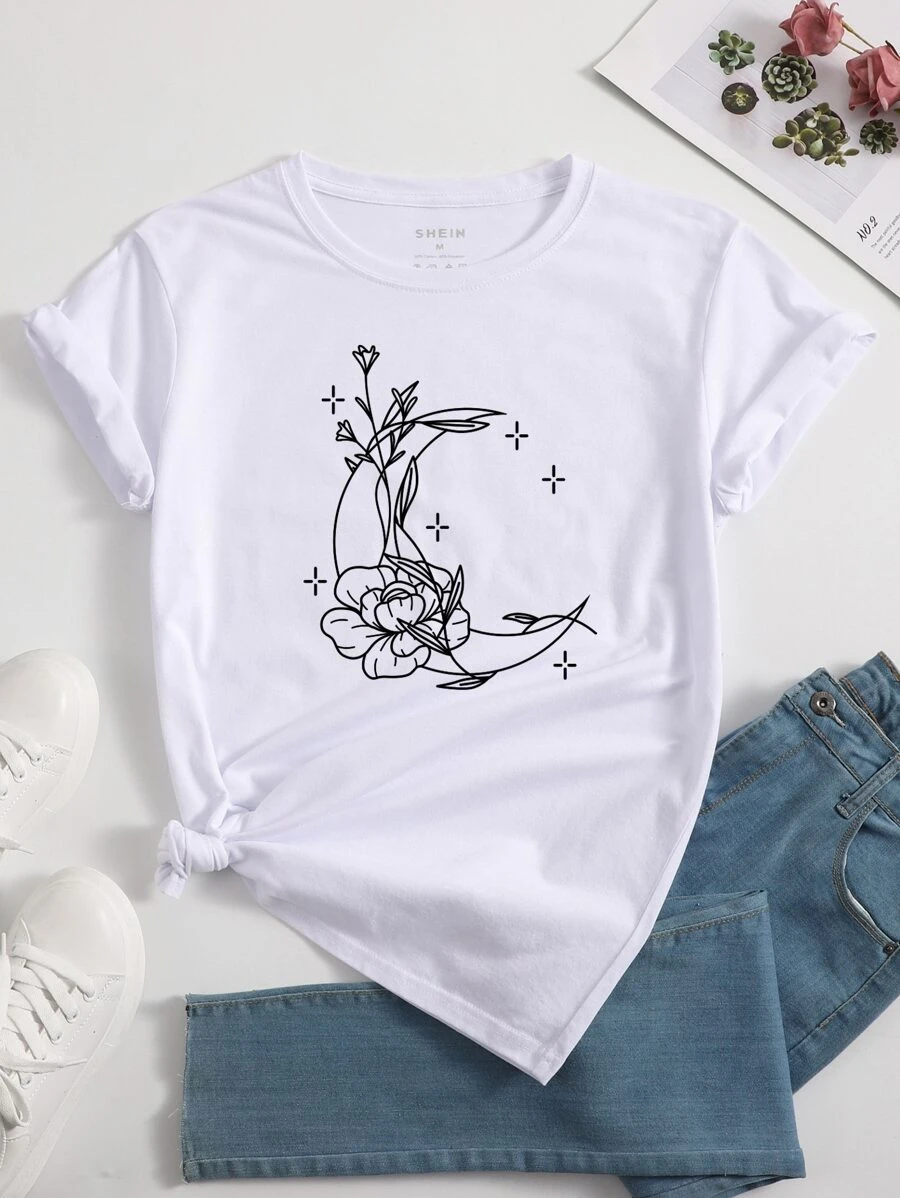 SHEIN EZwear Camiseta luna & con estampado floral - Blanco - Ver 1