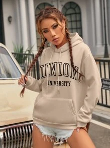 SHEIN EZwear Letter Graphic Kangaroo Pocket Drop Shoulder Drawstring Thermal Hoodie - Khaki - View 1