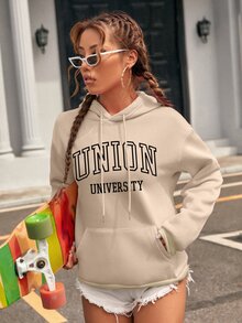 SHEIN EZwear Letter Graphic Kangaroo Pocket Drop Shoulder Drawstring Thermal Hoodie - Khaki - View 3