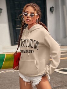 SHEIN EZwear Letter Graphic Kangaroo Pocket Drop Shoulder Drawstring Thermal Hoodie - Khaki - View 4