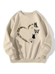 SHEIN LUNE Heart & Butterfly Print Thermal Pullover - Beige - View 1