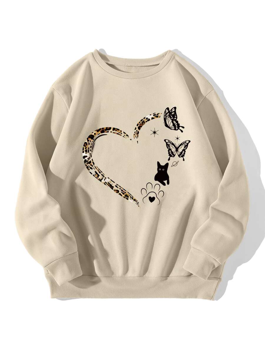 SHEIN LUNE Heart & Butterfly Print Thermal Pullover - Beige - View 1