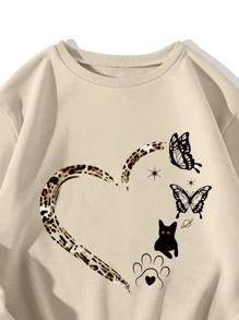 SHEIN LUNE Heart & Butterfly Print Thermal Pullover - Beige - View 3