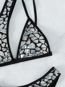 Contrast Sequin One Shoulder Summer Beach Bikini Set - Multicolor - View 3