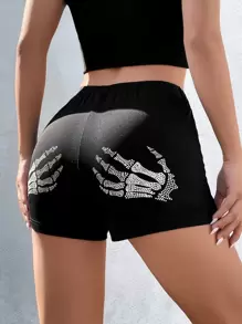 Muchica Fashionable Skull Rhinestone Embellished Slim Fit Black Shorts - Black - View 1