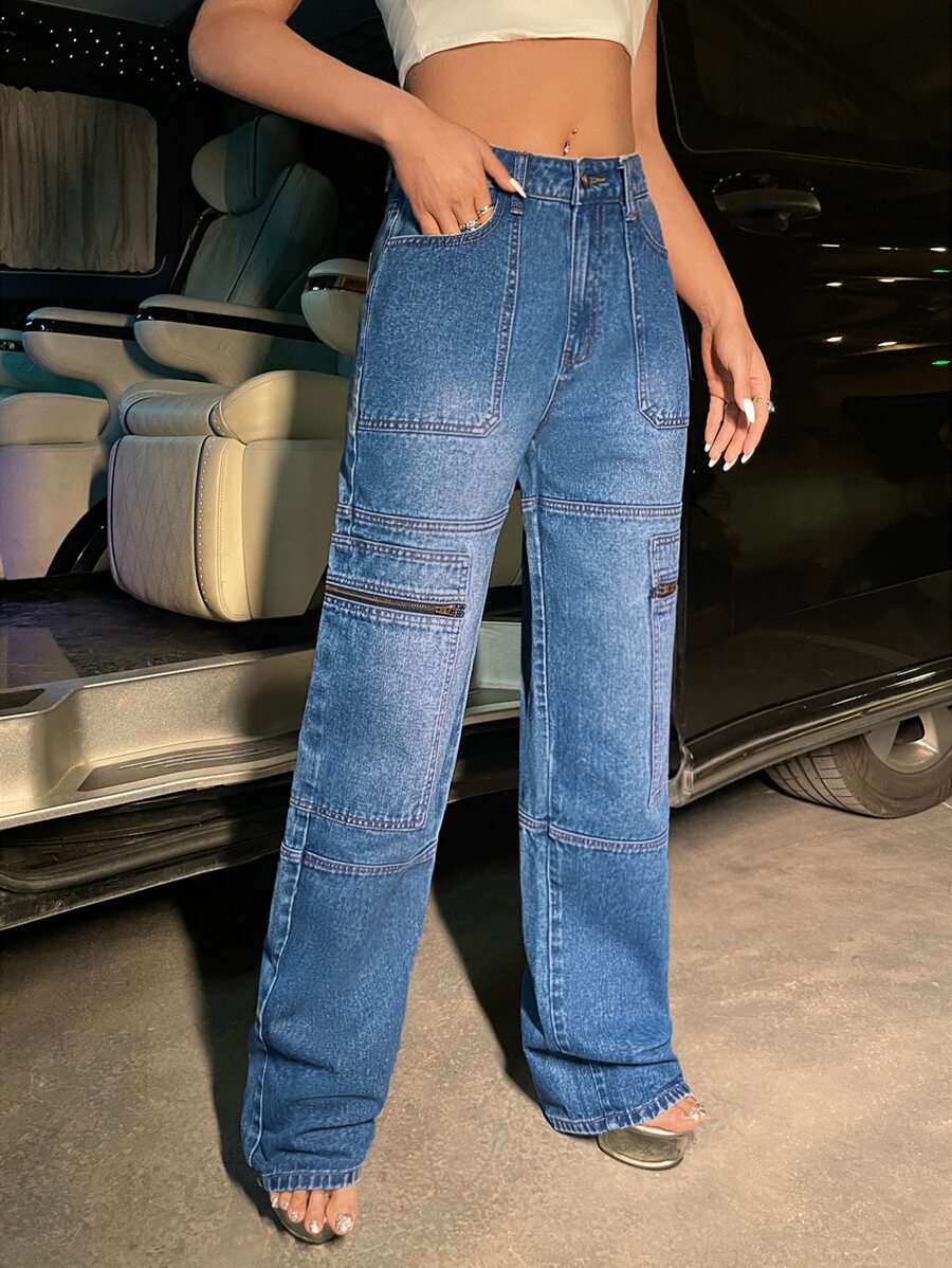 SHEIN ICON Zipper Detail Straight Leg Jeans - Medium Wash - View 1