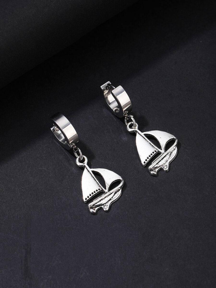 Men Sailboat Decor Drop Earrings - Silver - View 1