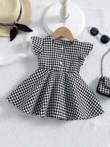 嬰兒千鳥格印花荷葉邊連衣裙 - 黑與白 - 查看 1