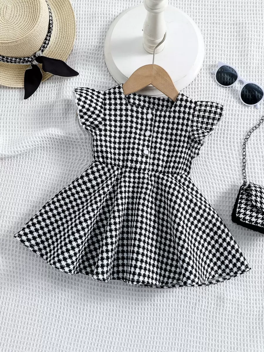 嬰兒千鳥格印花荷葉邊連衣裙 - 黑與白 - 查看 1