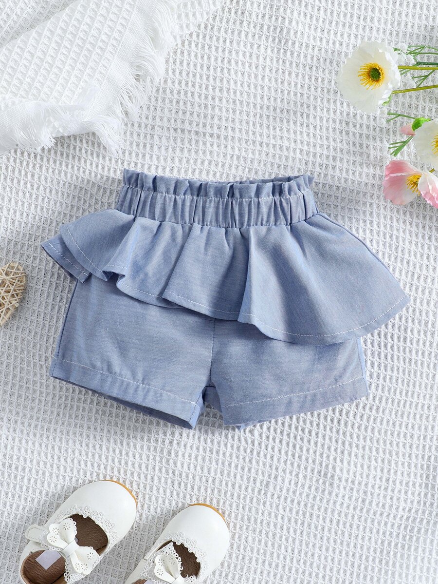 Bebé Shorts de cintura con volante ribete con fruncido - Neblina azul - Ver 1