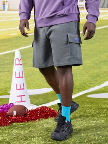 EASEVO Men Plus Letter Patched Detail Flap Pocket Side Flannel Shorts - Grey - View 1