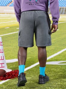 EASEVO Men Plus Letter Patched Detail Flap Pocket Side Flannel Shorts - Grey - View 2