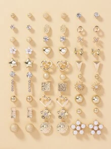 30pairs Star & Rhinestone Decor Stud Earrings - Yellow Gold - View 1