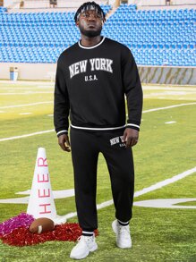 Manfinity Men Letter Graphic Striped Trim Sweatshirt & Joggers - Black - View 1