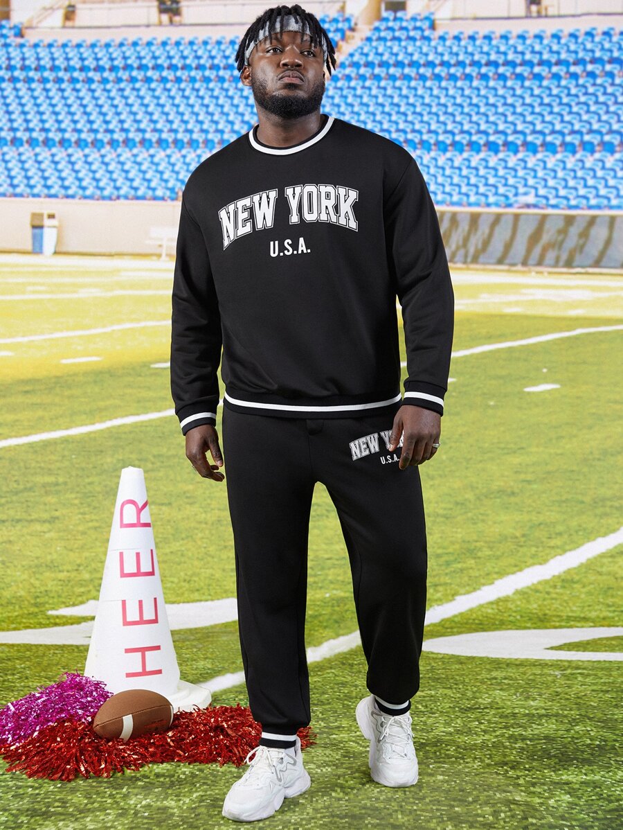 Manfinity Men Letter Graphic Striped Trim Sweatshirt & Joggers - Black - View 1