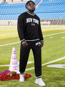 Manfinity Men Letter Graphic Striped Trim Sweatshirt & Joggers - Black - View 4