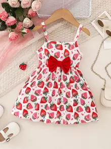 Baby Strawberry Print Bow Front Cami Dress - White - View 1